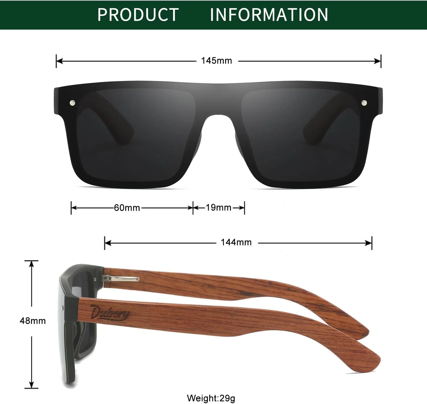 DUBERY Trendy Rimless Wood Sunglasses Polarized Flat Top Sun Glasses with Wooden Temple D219