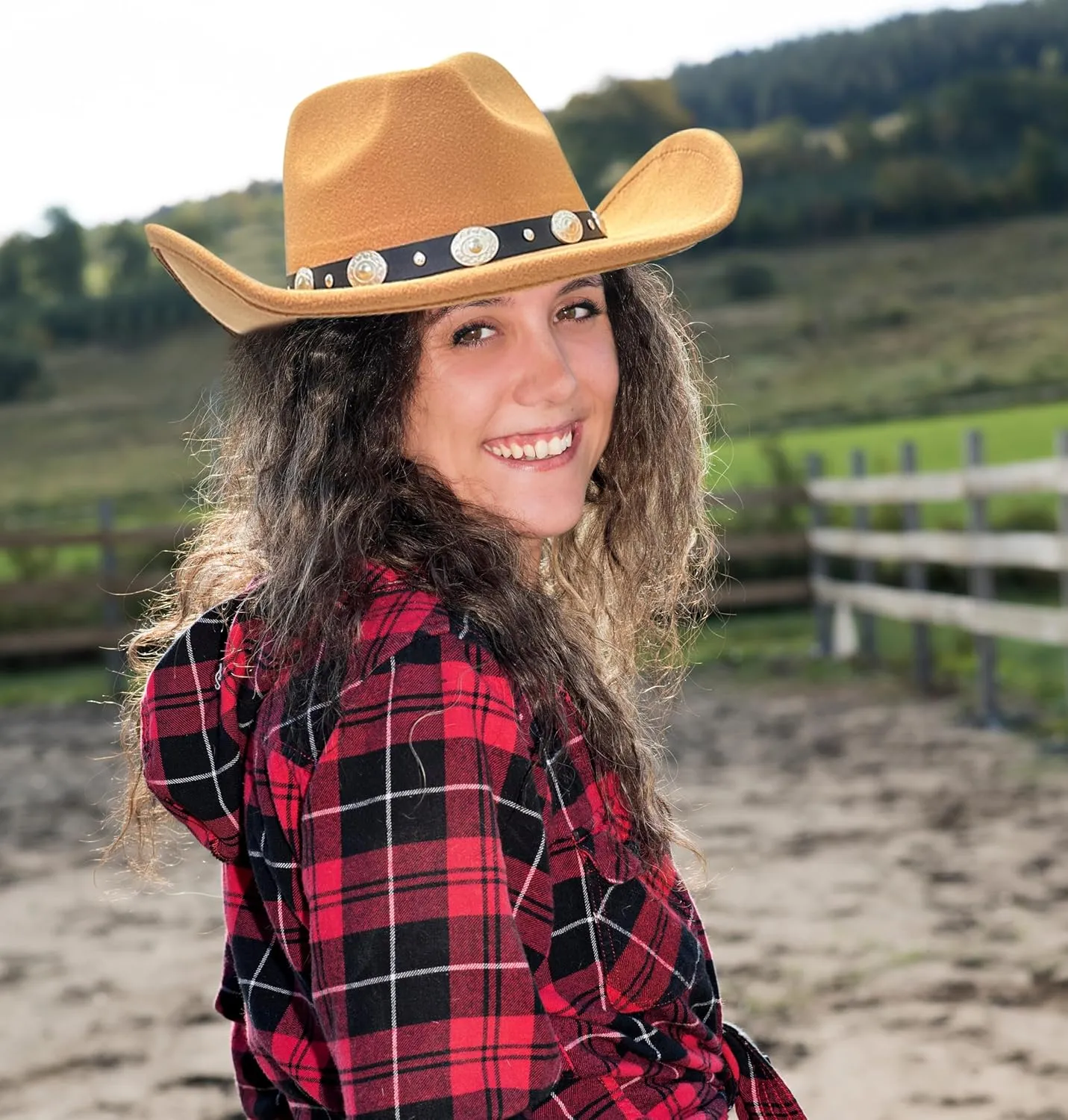 Lanzom Women Men Felt Wide Brim Western Cowboy Hats Belt Buckle Panama Hat