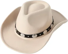Lanzom Women Men Felt Wide Brim Western Cowboy Hats Belt Buckle Panama Hat