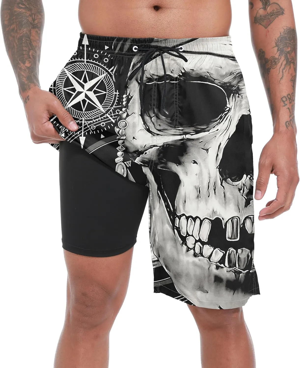 Mens Swim Trunks with Compression Liner 9" Board Shorts 2 in 1 Quick Dry Beach Swimwear Bathing Suits for Men